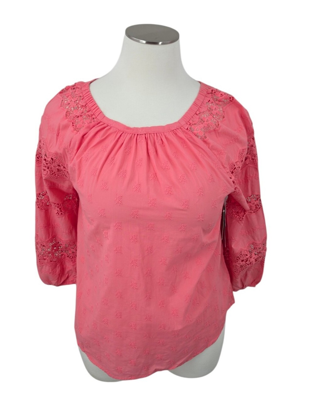 REBA Dylan Coral Long Sleeve Peasant Lace Panel Cotton Blouse Top Women's XL NEW